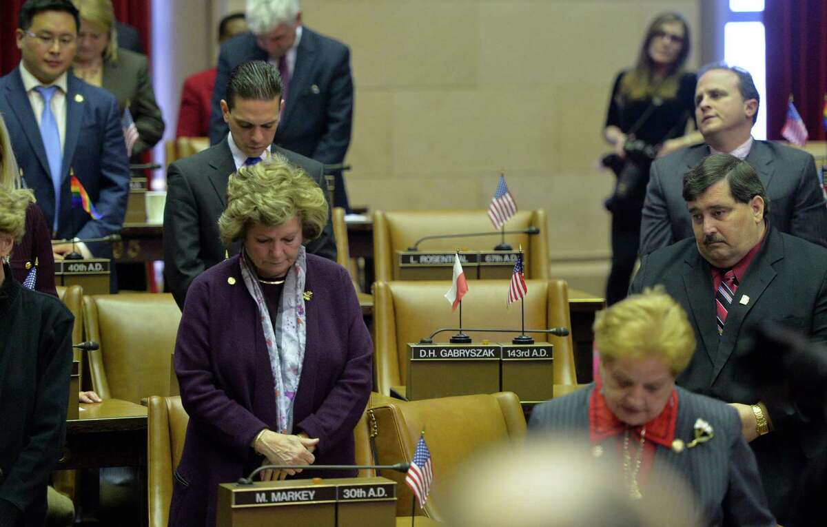 Assemblyman Dennis H. Gabryszak's seat is empty during the opening prayer at the New York State Assembly opening session Wednesday, Jan. 8, 2014, at the Capitol in Albany, N.Y. (Skip Dickstein / Times Union)