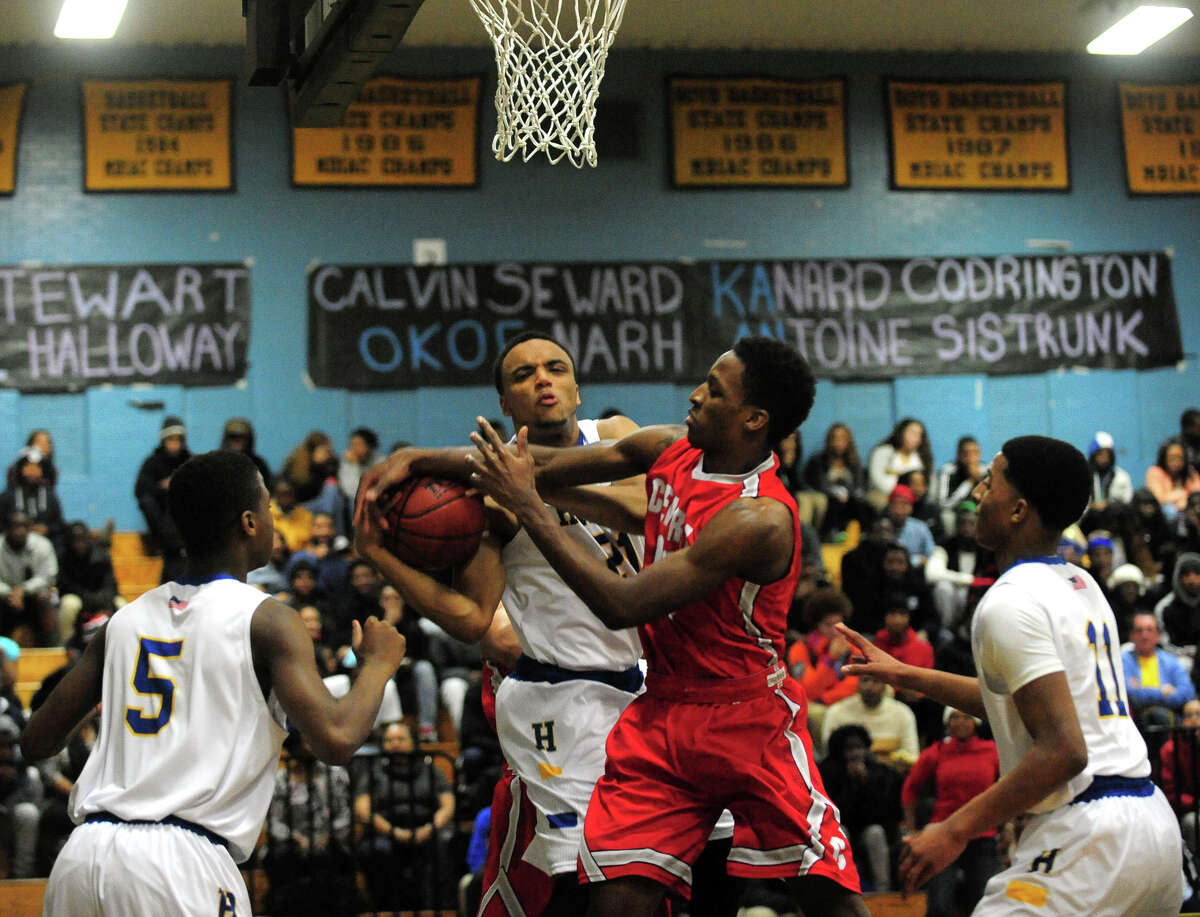 Boys basketball action between Harding and Central in Bridgeport, Conn. on Friday January 10, 2014.