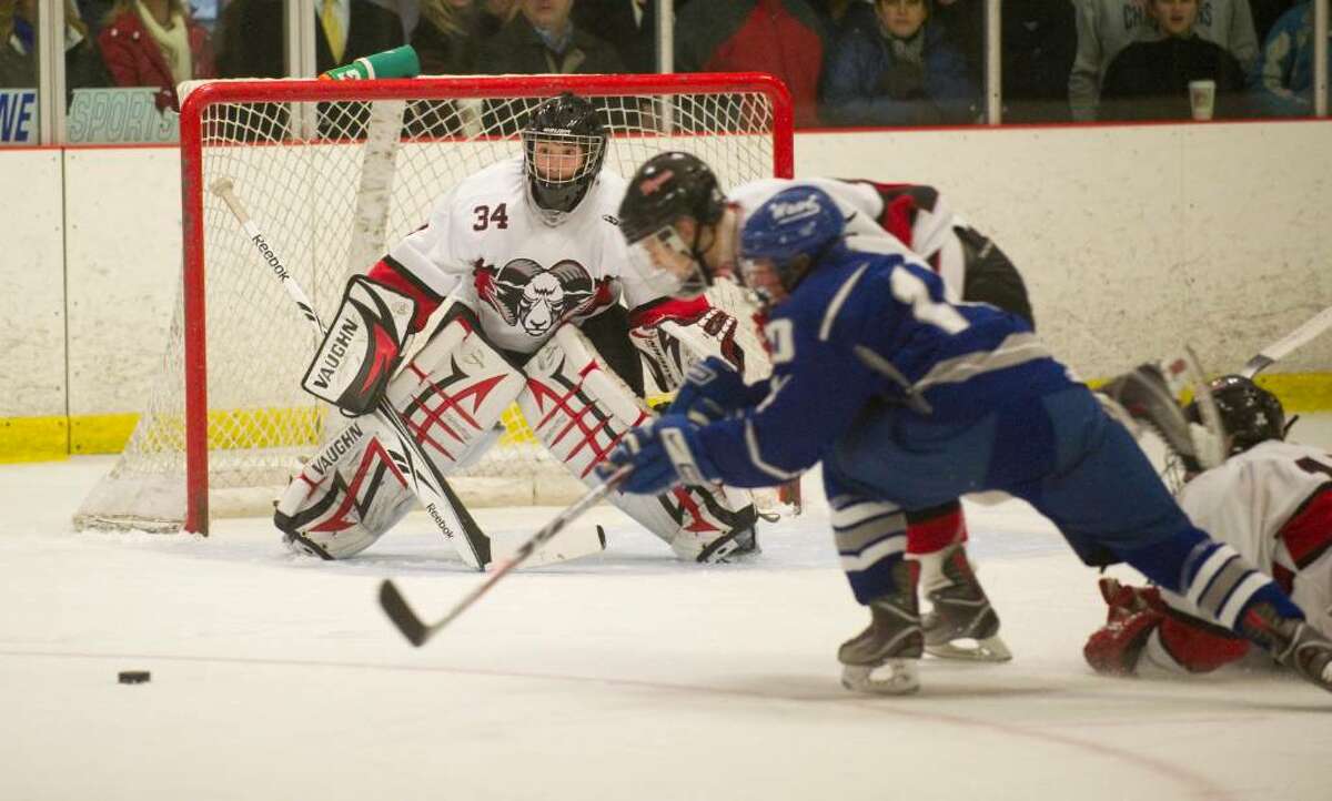 New Canaan's Tim Nowacki defends the goal during an FCIAC boys hockey game in Darien, Conn. on Wednesday, Feb. 3, 2010.
