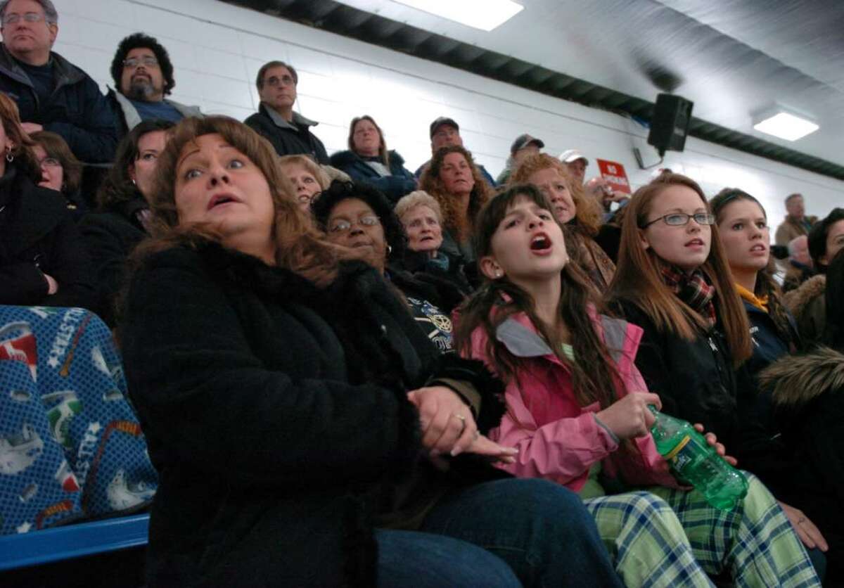 Notre Dame of Fairfield fans react, during hockey action against West Haven in West Haven, Conn. on Wednesday Feb. 03, 2010.