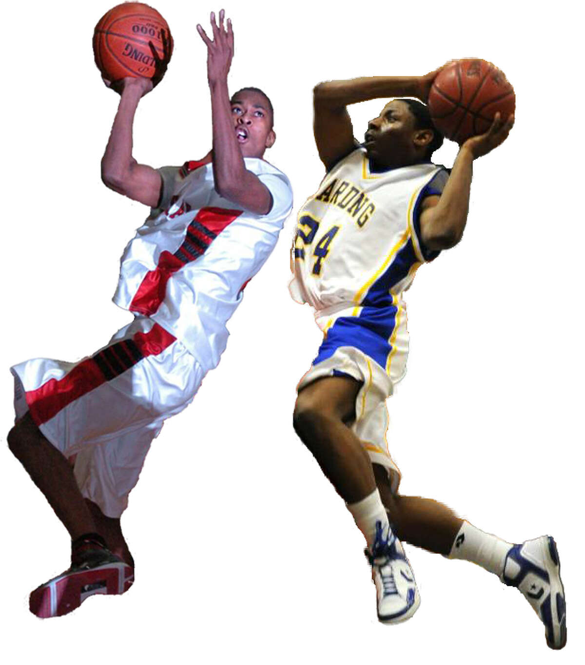 Central's Jerry Washington (left) and Harding's LaQuan Mendenhall (right) and their teams off in the Bridgeport Basketball Classic at Harbor Yard, Thursday, Feb. 4, 2010. Bassick vs. Trumbull is at 6 p.m. followed by Central vs. Harding at approximately 8 p.m.