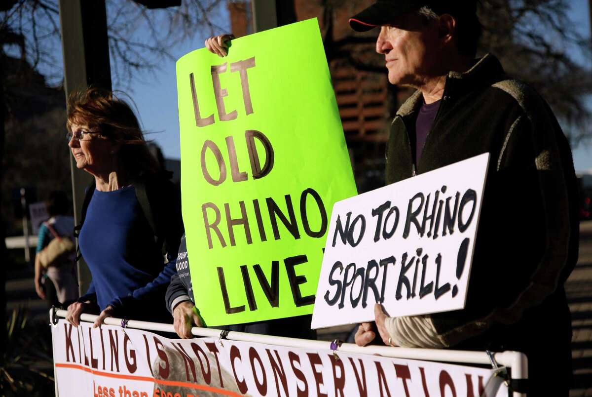 Pat Antonisse, left, of Dallas, Susan Oakey, center, of Dallas and Gary Angle, right, of Richardson, Texas, holds sign protesting outside the Dallas Convention Center where the Dallas Safari Club is holding its' weekend show and auction, Saturday, Jan. 11, 2014, in Dallas. Hunt the black rhino to save the black rhino. That's the Dallas Safari Club's approach to a fundraiser for efforts to protect the endangered species. The group hopes to raise more than $200,000 Saturday by auctioning off the right to shoot and kill a black rhinoceros in the African nation of Namibia.