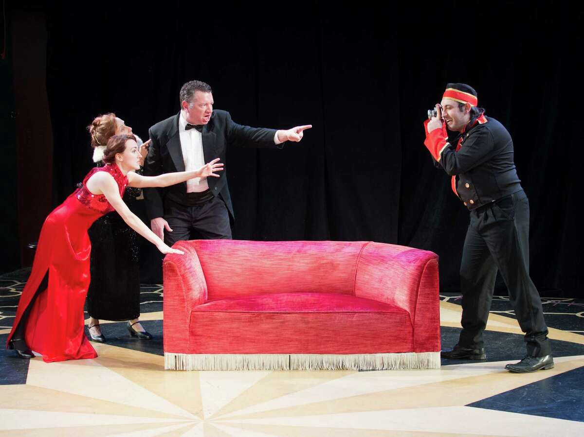 Maggie (Lilly Wilton), Julia (Donna Schilke) and Saunders (Mike Boland) - left to right - tell off a paparazzi bellhop (Corrado Alicata) in "Lend Me a Tenor" at Playhouse on Park in West Hartford, starting Jan. 22.