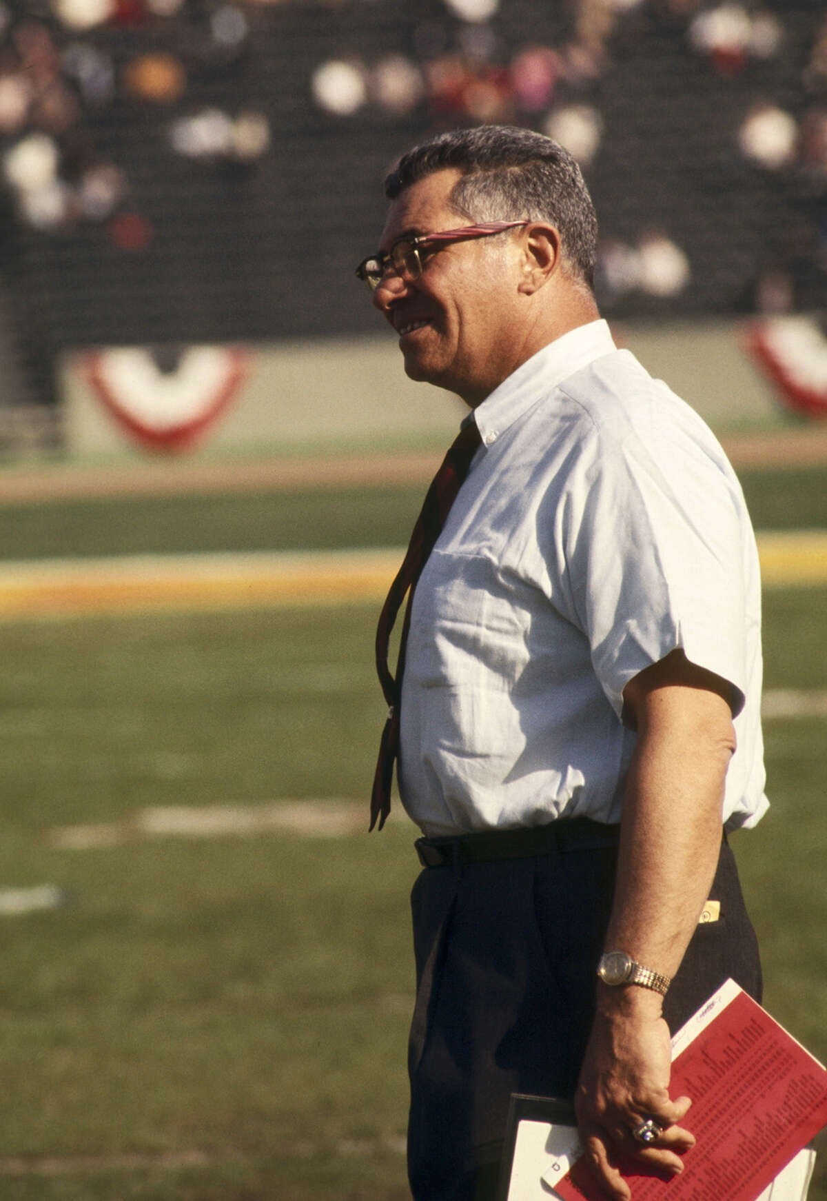 Green Bay Packers head coach Vince Lombardi watches his team in admiration during Super Bowl I, a 35-10 victory over the Kansas City Chiefs on Jan. 15, 1967, at the Los Angeles Memorial Coliseum in Los Angeles.