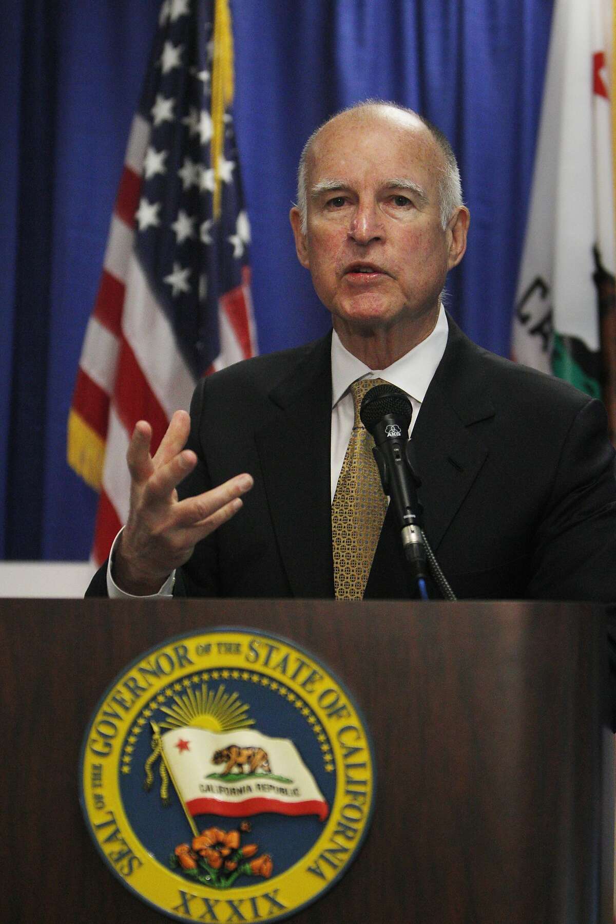 California Governor Jerry Brown speaks during a press conference where he declared a drought State of Emergency in San Francisco.