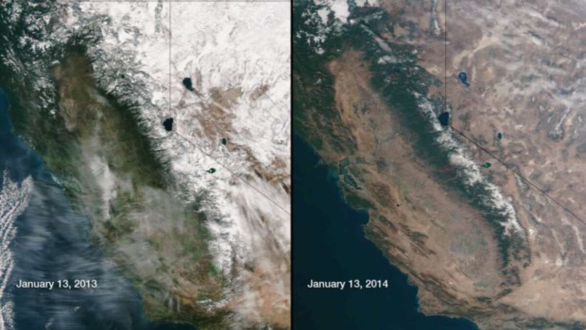 This image compares January 13, 2013 and January 13, 2014 snow cover as seen by the Suomi NPP satellite's VIIRS instrument. The Snow Water Equivalents in the Sierra Nevada mountain range in California are abnormally low for this time of year, as can be seen in this image comparing 2013 to 2014.