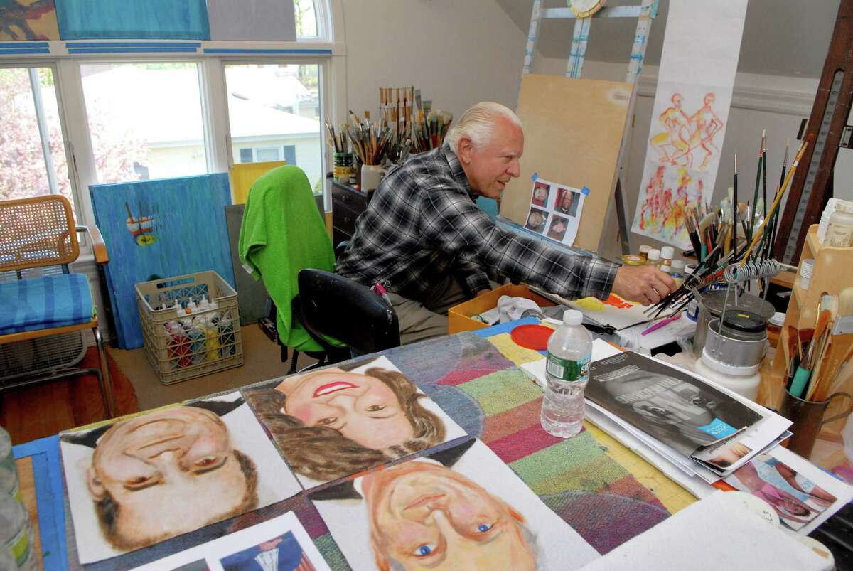 Ken Delmar works on his paintings in his studio on Gurley Road in Stamford, Conn. on Monday May 6, 2013. More than half a dozen new works by Delmar are on view in “Delmar Is On A Roll,” an exhibit at Rockwell Art and Framing in Ridgefield. The show features works painted on Bounty paper towels.