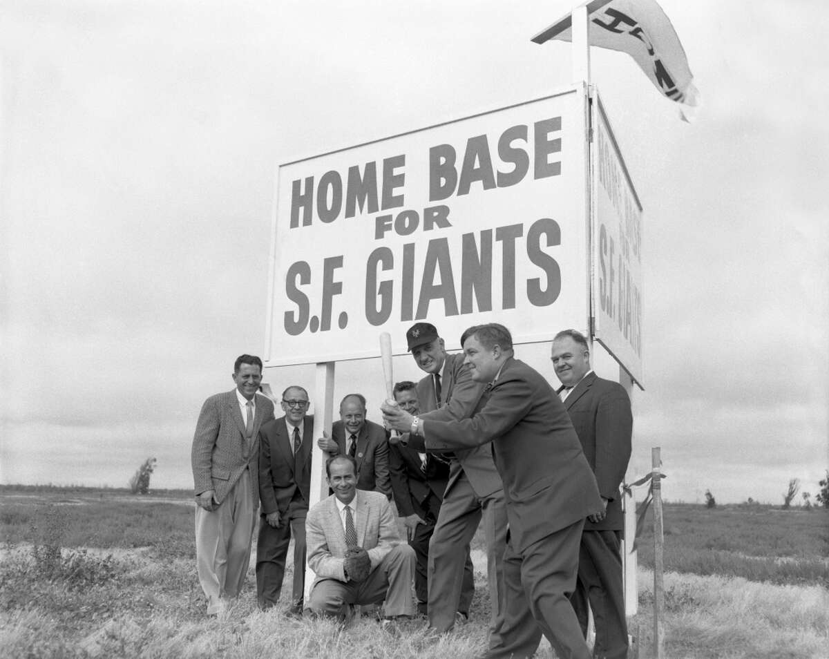 San Francisco Giants staff gather at Candlestick Point in 1957 to promote where the new home of the Giants — and later the 49ers —will be built.