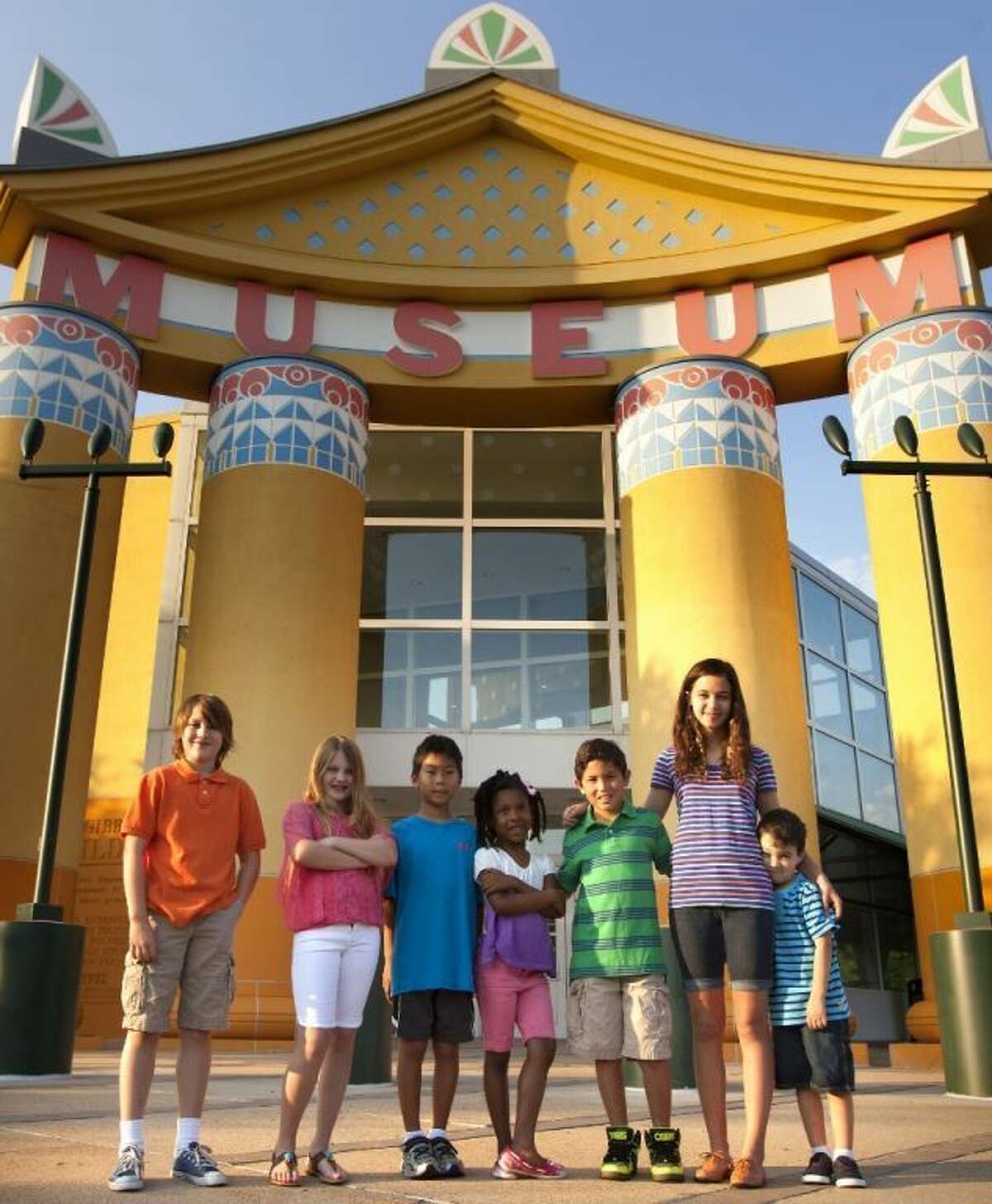 Hunter Cudini, left, Paris Cudini, Tyler King, Kiara Evans, Grisha Ross, Lily Trujillo and Nathan Maszurkewicz take a break from a visit to the Children's Museum of Houston. Click through the slideshow for other great Houston museums.   ·       