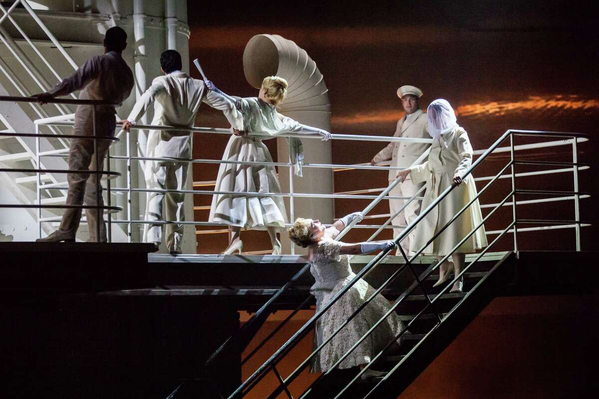 Michelle Breedt, leaning backward on stairs, plays Liese, a former concentration-camp overseer, in Houston Grand Opera's production of Mieczyslaw Weinberg's "The Passenger."