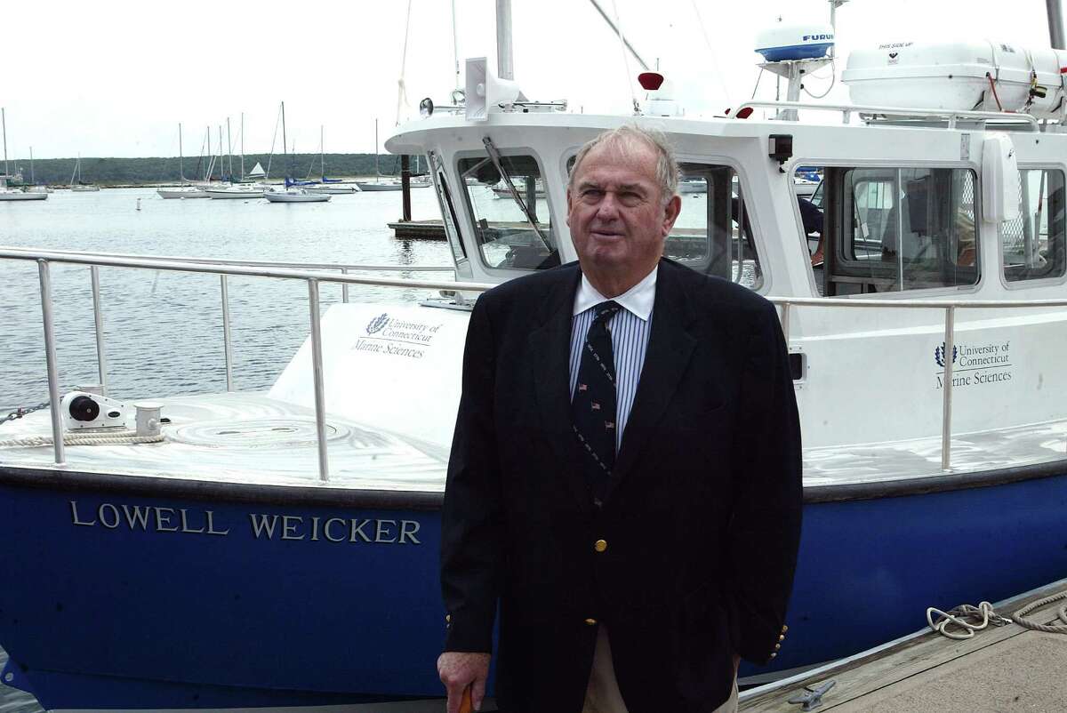 Former Connecticut Gov. Lowell P. Weicker Jr. stands by the research vessel R/V Lowell Weicker during commissioning of the vessel at the University of Connecticut's Avery Point campus in Groton on June 15, 2006.