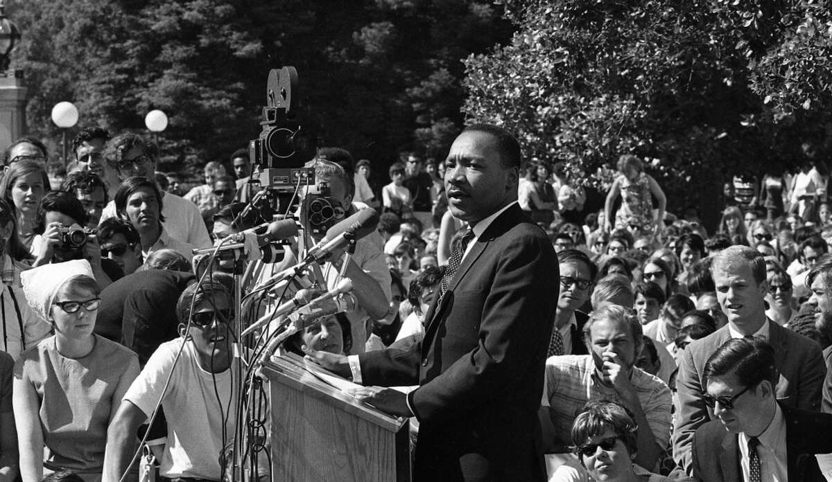 May 17, 1967: Martin Luther King Jr. speaks at U.C. Berkeley in Upper Sproul Plaza. His anti-war speech drew 7,000 by the Chronicle's estimate, although others guessed more than 10,000.