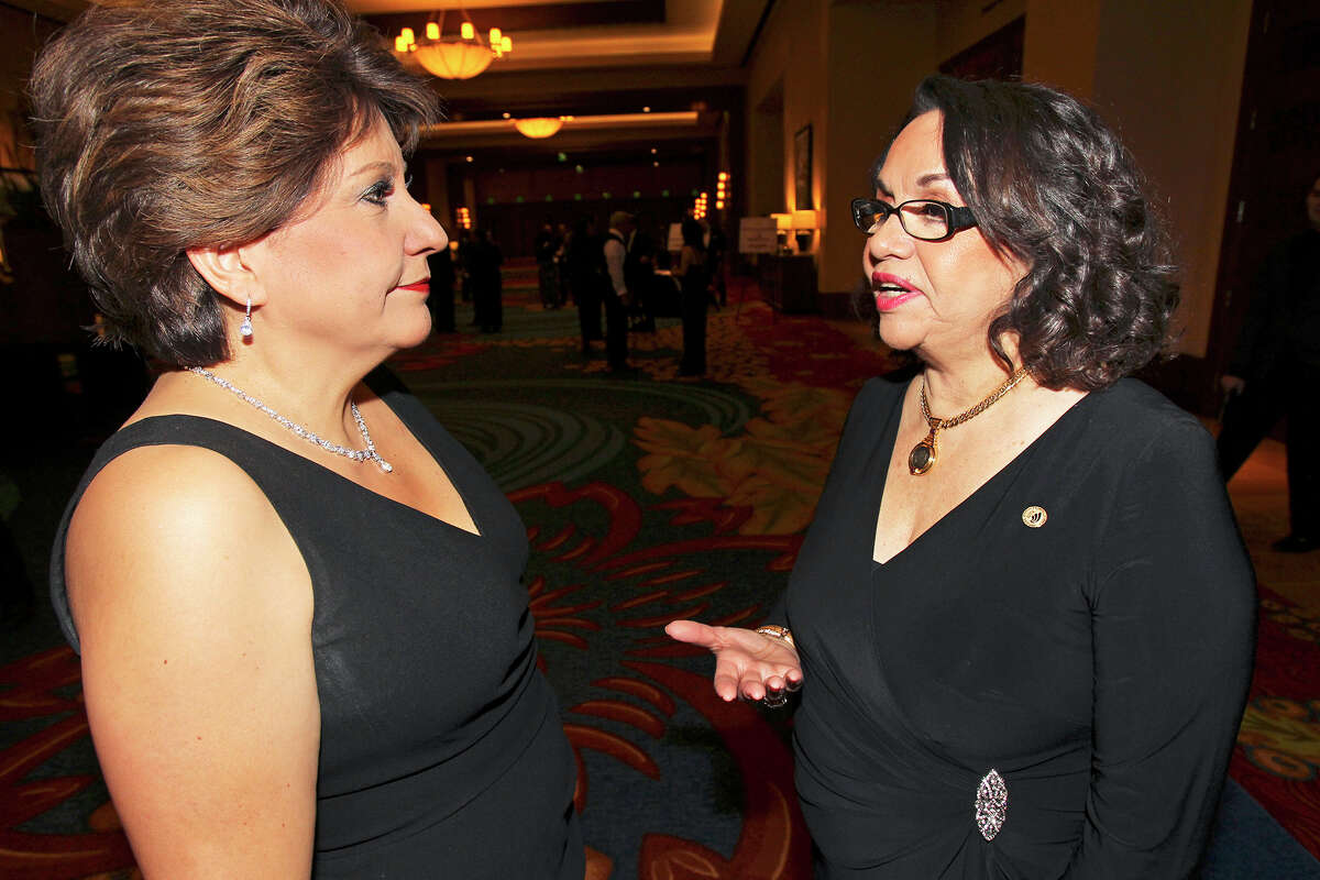 Janet Murguia (left) , president and CEO of the National Council of La Raza chats with 2014 Chairwoman Patricia Stout as the San Antonio Hispanic Chamber of Commerce meets at the JW Marriott for its 85th gala on January 25, 2014.