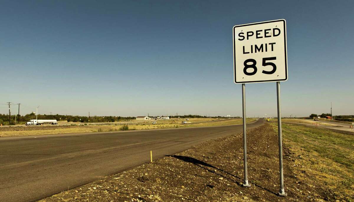 An 85 mph speed-limit sign is placed on the 41-mile-long, Texas 130 toll road in Austin, near the crowded interstate between Austin and San Antonio.