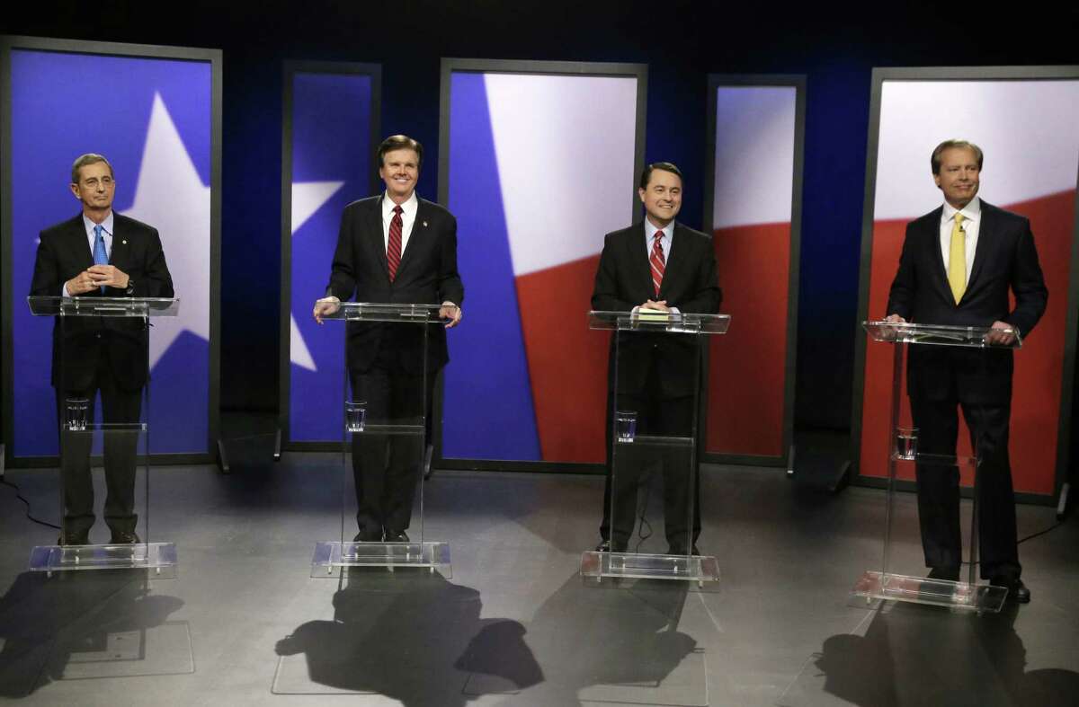 The Republican lieutenant governor candidates — Land Commissioner Jerry Patterson (from left), state Sen. Dan Patrick, Agricultural Commissioner Todd Staples and Lt. Gov. David Dewhurst — take their places for the debate in Dallas.