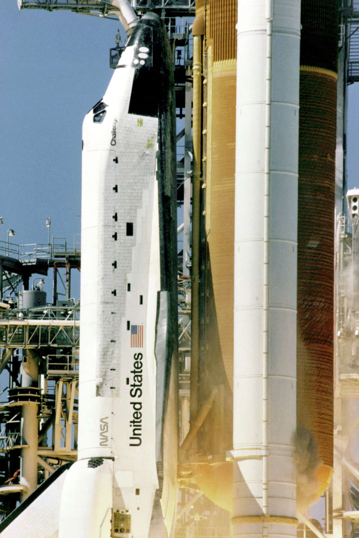 Space Shuttle Challenger is prepared for launch on Jan. 28, 1986, at Kennedy Space Center, Fla.