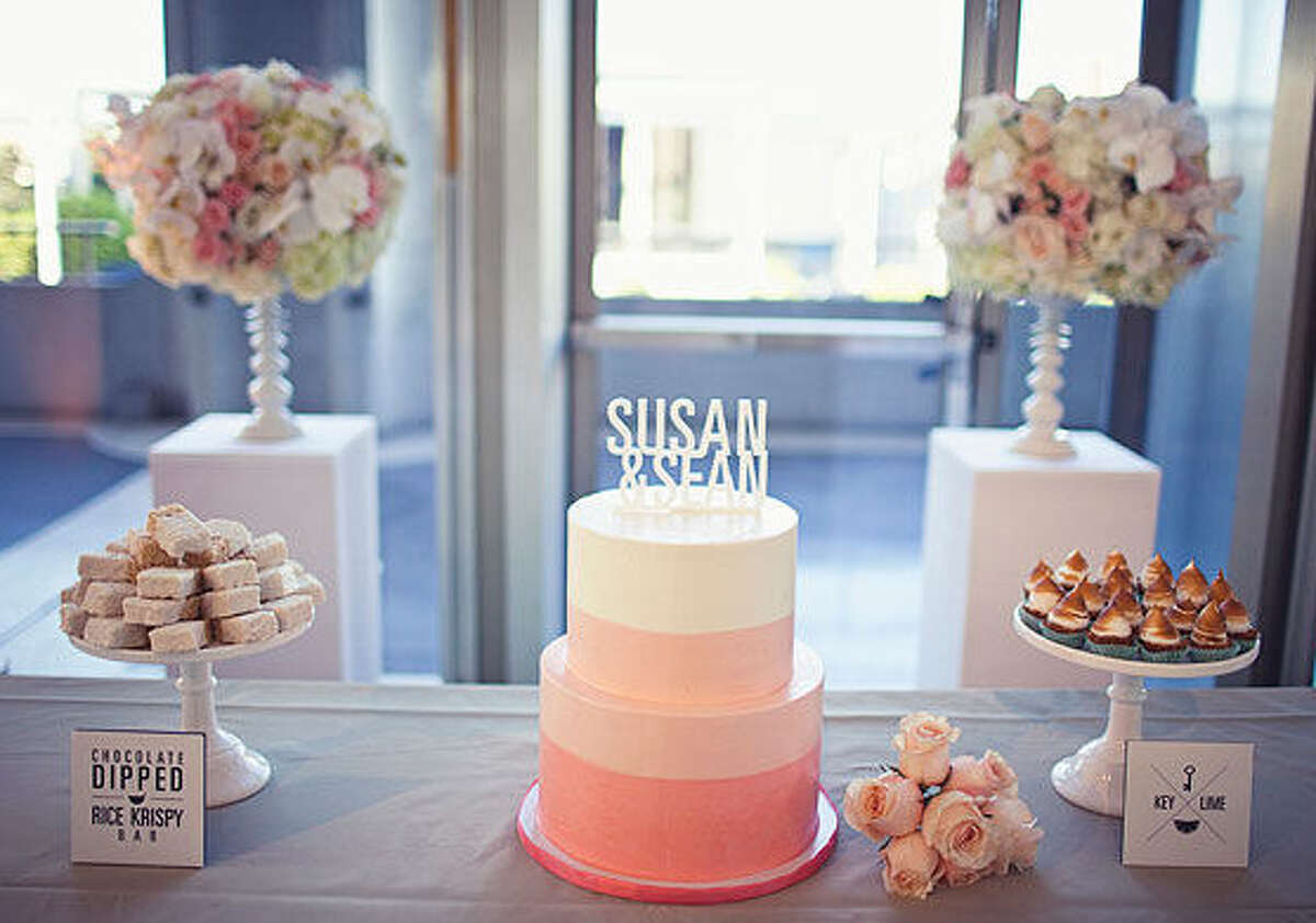 In 2014, some couples are choosing a dessert table with a smaller, simpler wedding cake with other small desserts instead of a large, traditional wedding cake.