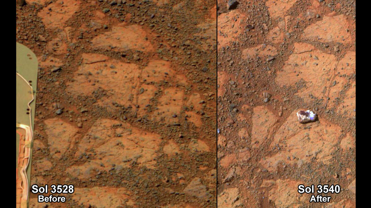This composite image provided by NASA shows before and-after images taken by the Opportunity rover. At left is an image of a patch of ground taken on Dec. 26, 2013. At right is in image taken on Jan. 8, 2014 showing a rock shaped like a jelly doughnut that had not been there before. The space agency said the rover Opportunity likely kicked up the rock into its field of view. Opportunity landed on Mars in 2004 and continues to explore. (AP Photo/NASA)