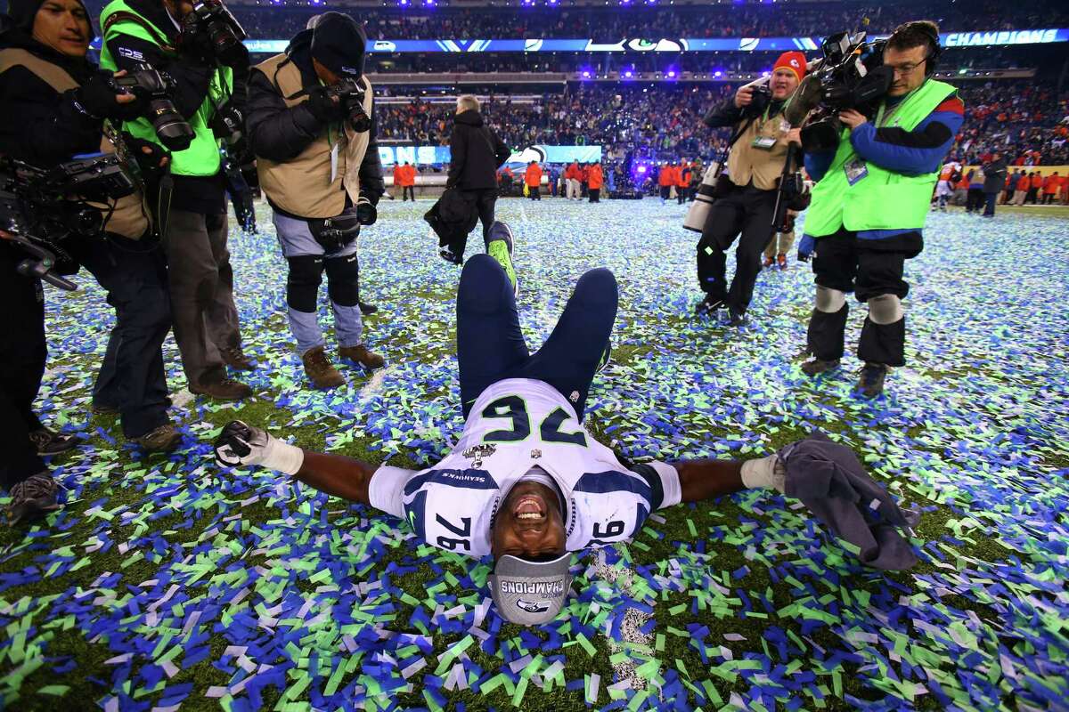 Seahawks player Russell Okung celebrates as the game ends during the Super Bowl on Sunday, February 2, 2014 at MetLife Stadium in New Jersey.
