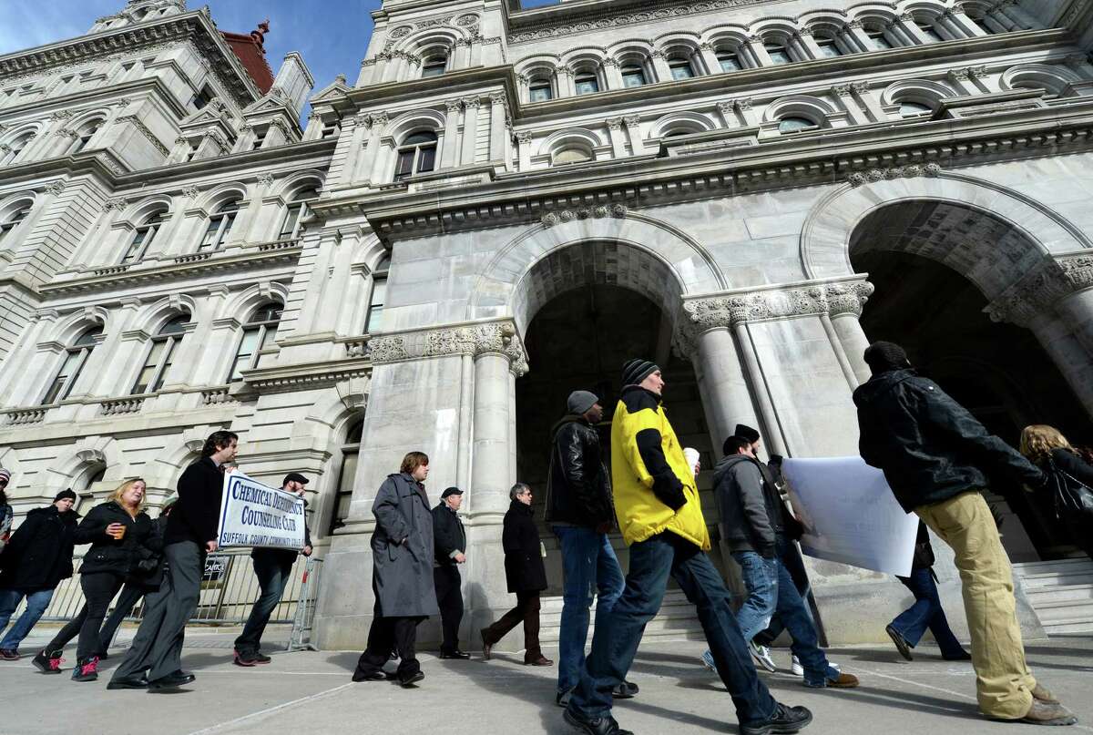An addiction treatment and recovery advocacy group marches Tuesday morning Feb. 4, 2014 arrive at the Capitol for lobbying in Albany, N.Y. (Skip Dickstein / Times Union)