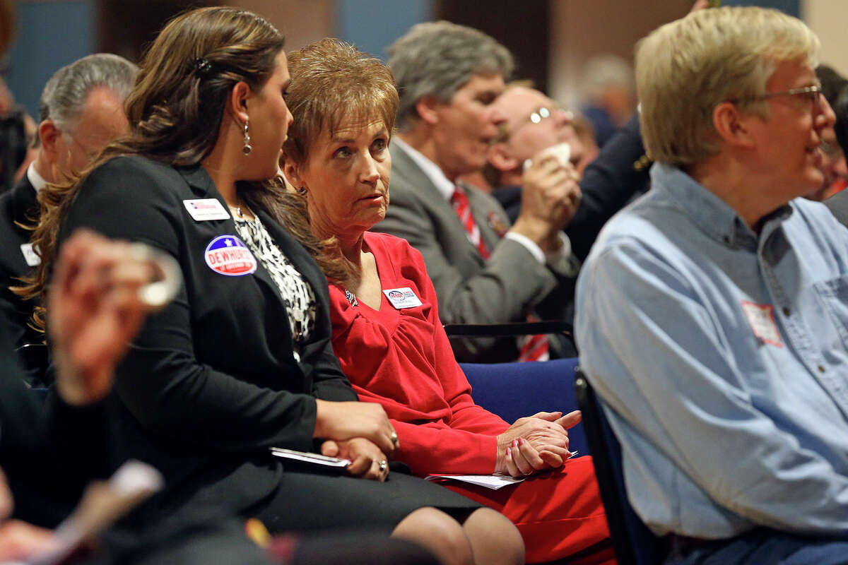 Sharon Hall, field representative for Houston Sen. Dan Patrick, waits for her turn to speak at a Republican candidates forum in the New Braunfels Civic Center on January 28, 2014.