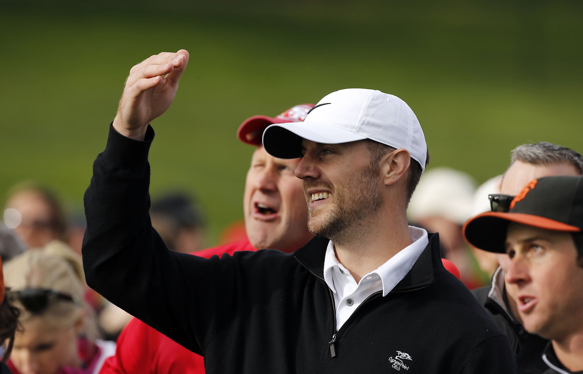 Former San Francisco 49ers players Harris Barton and Alex Smith, now with  the Kansas City Chiefs during the Chevron Charity Shoot-Out. Members of the San  Francisco 49ers versus members of the San