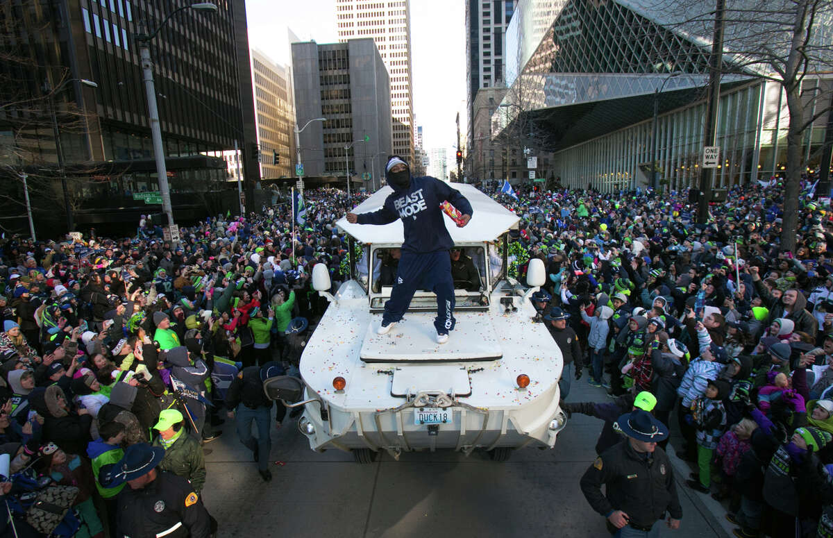 Marshawn Lynch, seen here at the Seahawks' victory parade following Super Bowl XLVIII, announced his retirement on Sunday. Could he earn a spot in the Pro Football Hall of Fame?