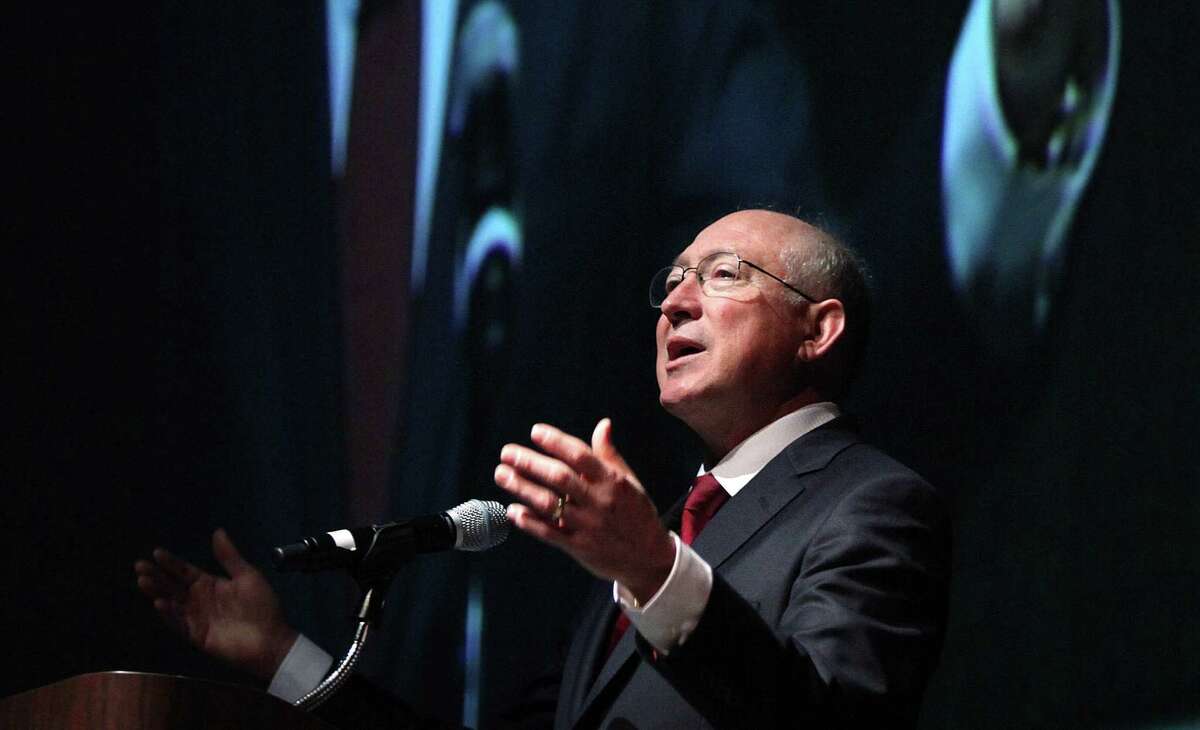 Former Interior Secretary Ken Salazar told the Winter North American Prospect Expo at the George R. Brown Convention Center in Houston that he has concluded fracking causes no harm.