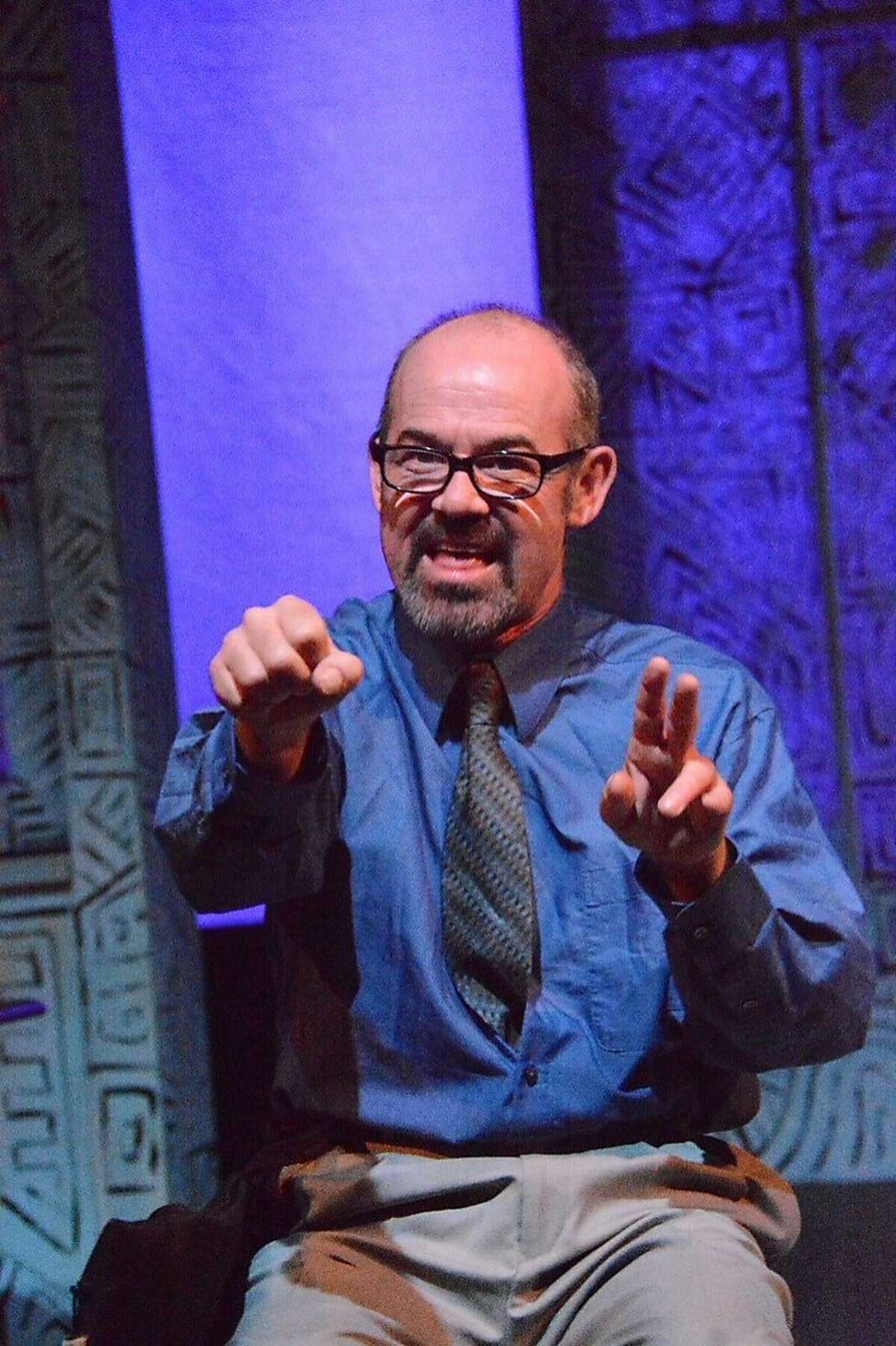 Clive Worsley as Beeson negotiates with himself in the Just Theater production of "A Maze" by Rob Handel at the Ashby Stage through March 9. Photo by Jay Yamada