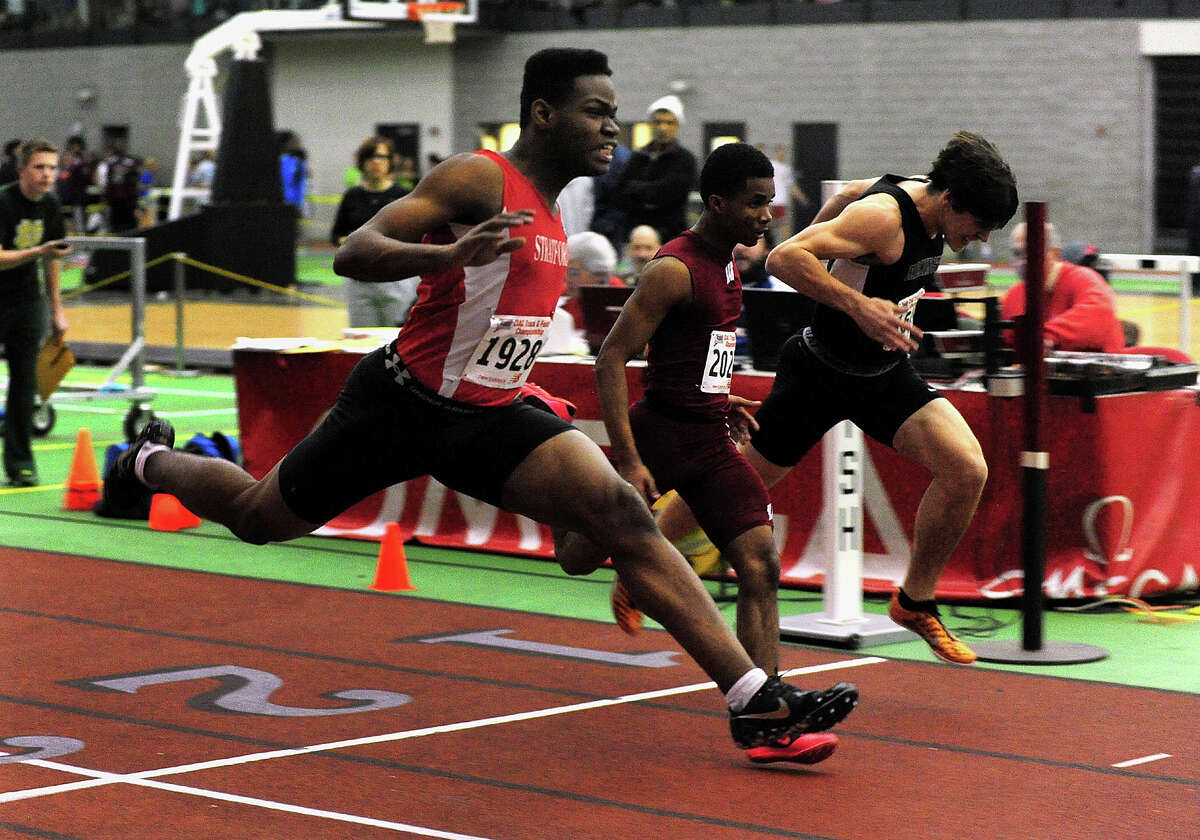 Stratford's Warren Jones competes in the 55 meter dash, during Class L Championship track action at Hillhouse High School's Floyd Little Athletic Center in New Haven, Conn. on Thursday February 6, 2014.
