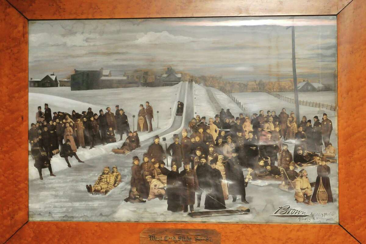 A view of the piece of art work titled "West End Slide" that hangs inside the Fort Orange Club, seen here on Thursday, Feb. 6, 2014 in Albany, NY. It is believed that the artwork shows a toboggan run in Albany. (Paul Buckowski / Times Union)