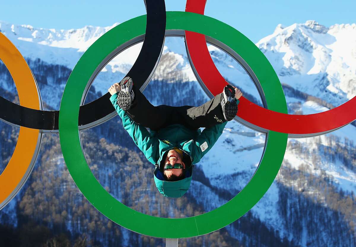 Australian arial skiier Dave Morris poses on the Olympic Rings in the Athletes Village ahead of the Sochi 2014 Winter Olympics at Rosa Khutor on February 6, 2014 in Sochi, Russia.