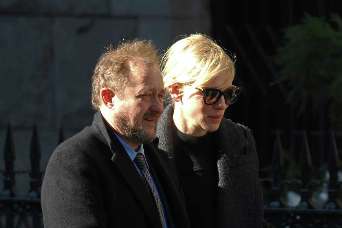 Actress Cate Blanchett and her husband Andrew Upton arrive at the the Church of St. Ignatius Loyola for the private funeral of actor Philip Seymour Hoffman Friday, Feb. 7, 2014, in New York. Hoffman, 46, was found dead Sunday in his Greenwich Village apartment.