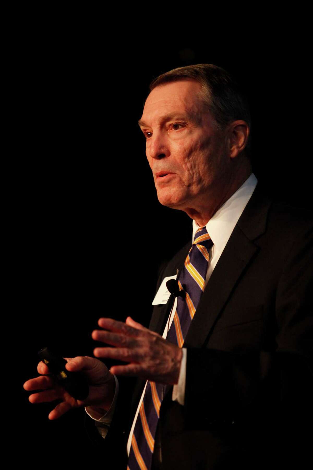 Bill Gilmer, the director of the University of Houston's Institute for Regional Forecasting, gives his annual economic talk at the Hyatt Regency Hotel, Nov. 14, 2013 in Houston. (Eric Kayne/For the Chronicle)