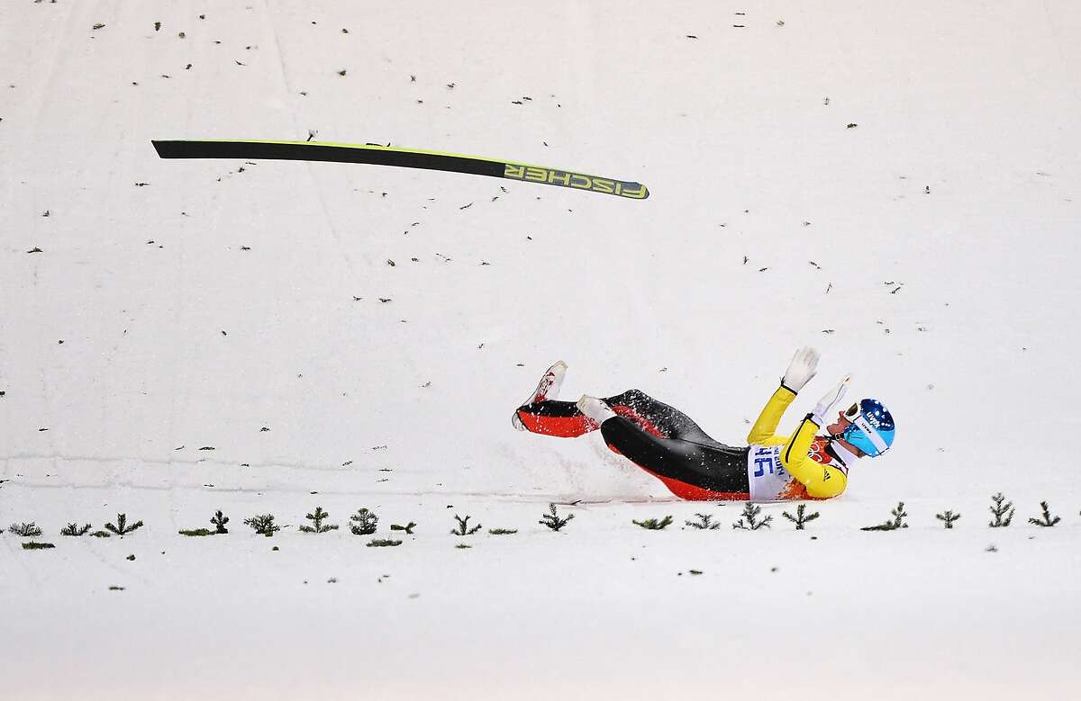 Severin Freund of Germany crashes upon landing during the Men's Normal Hill Individual first round on day 2 of the Sochi 2014 Winter Olympics at the RusSki Gorki Ski Jumping Center on February 9, 2014 in Sochi, Russia.