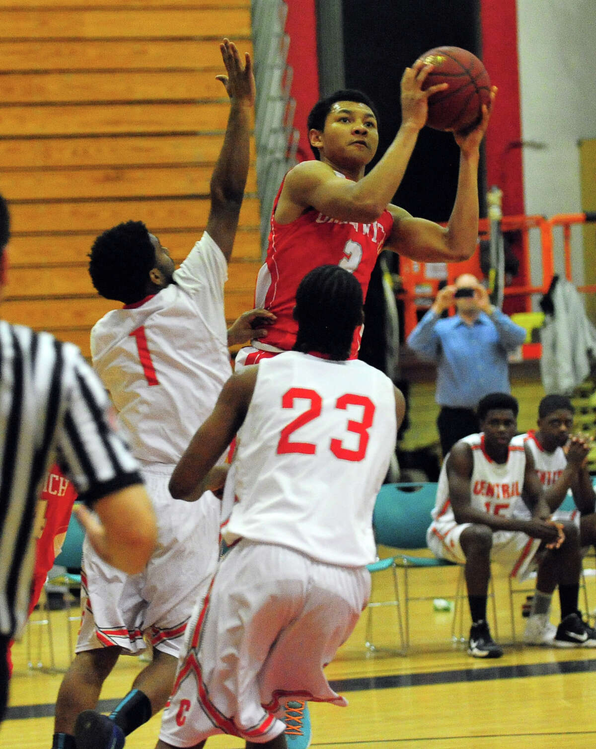 Boys basketball action between Greenwich and Central in Bridgeport, Conn. on Tuesday February 11, 2014.