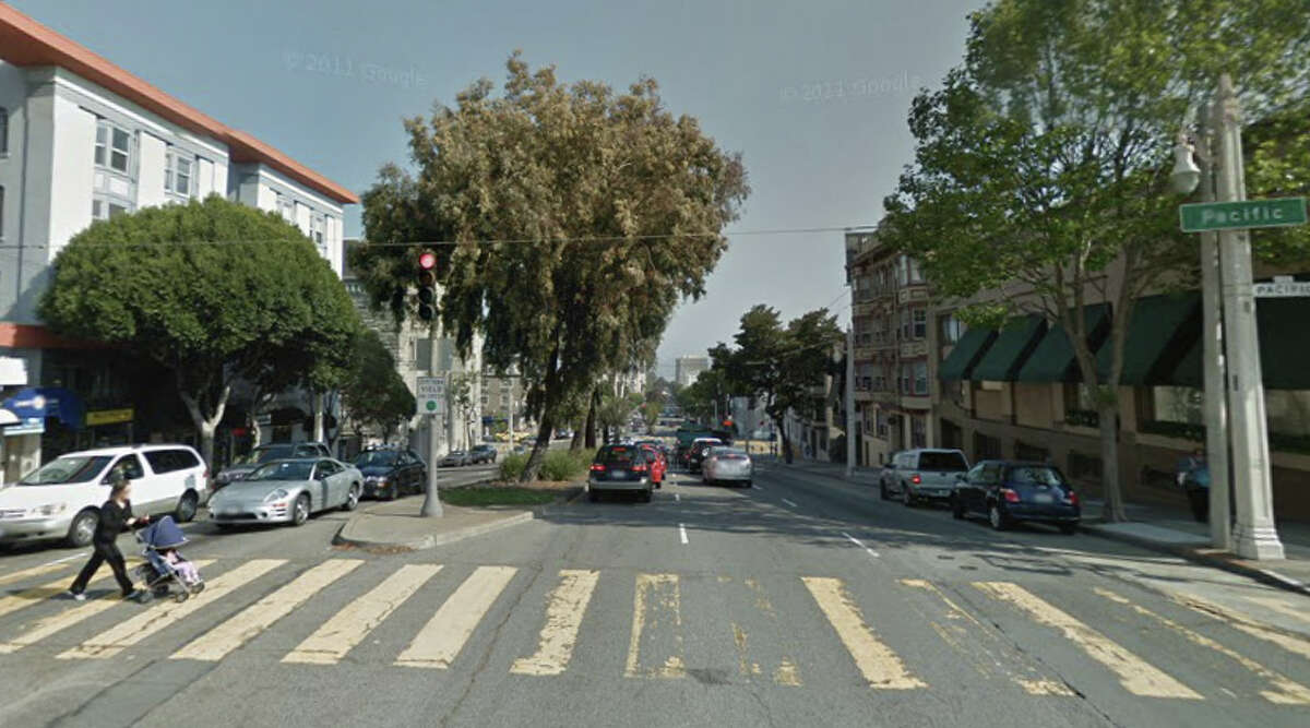 A view of the intersection of Van Ness and Pacific in San Francisco. A driver was arrested early Wednesday for fleeing the scene of a crash that killed a pedestrian at the intersection.