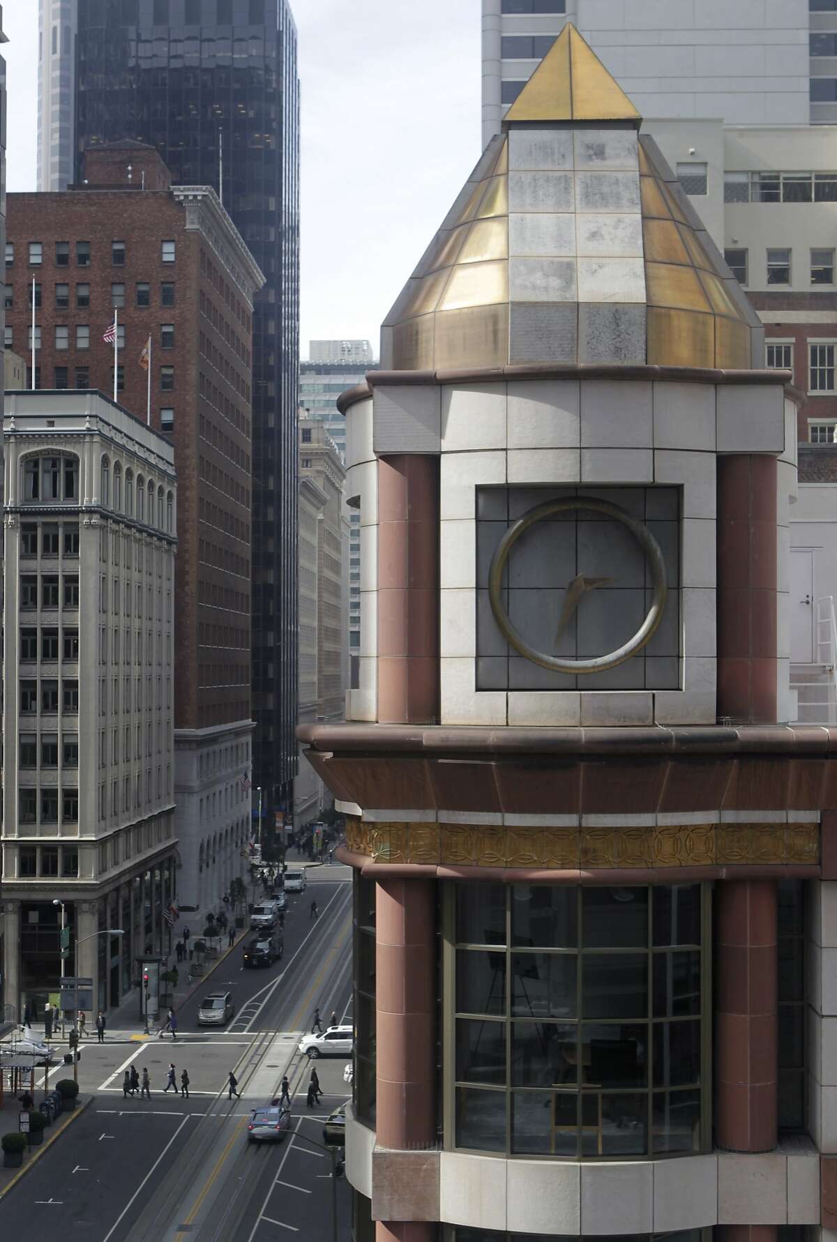 A clock tower is seen on the 200 California Street office building in San Francisco, Calif. on Wednesday, Feb. 12, 2014. Building owners have received approval to lop off the clock tower and remove gold-leaf trim from the top of the structure.