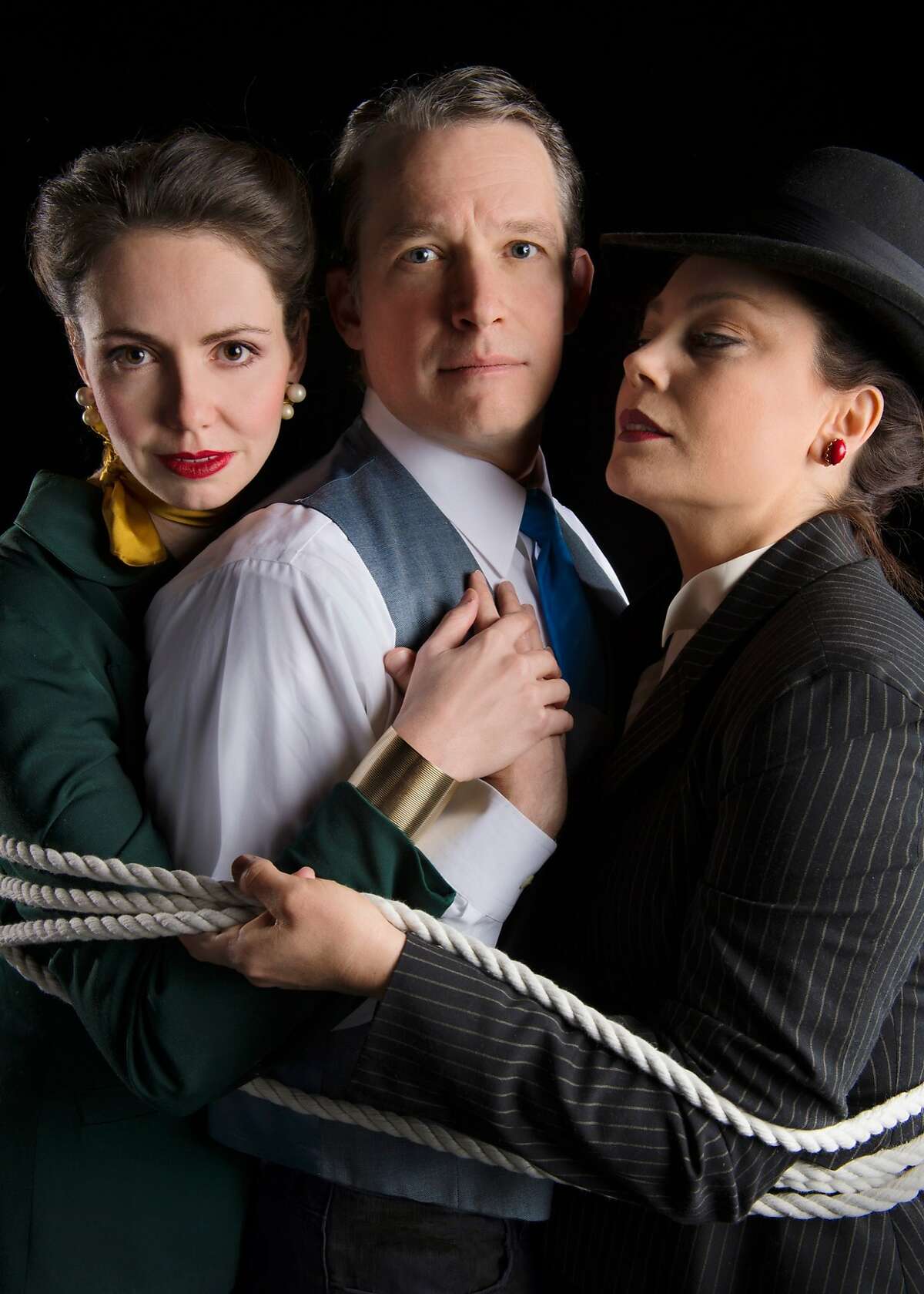 The cast of Marin Theatre Company's "Lasso of Truth" includes (from left) Liza Sklar as Amazon, Nicholas Rose as Inventor and Jessa Brie Moreno as Wife. Carson Kreitzer's world-premiere play is inspired by the life of William Moulton Marston, the creator of Wonder Woman, and the two women he lived with. The production runs through March 16 in Mill Valley. Photo by Kevin Berne