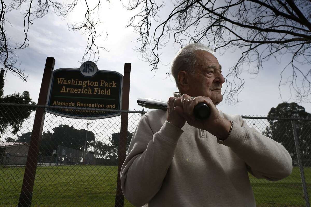 Lil Arnerich at the baseball field named for him at Washington Park in Alameda, Calif., on Wednesday, February 12, 2014. Lil Arnerich is a long-time time Alameda resident and former Oakland Oaks player who is has been involved in city politics and sports programs for 70 decades. He lives in the same home he has owned since 1949, and maintains contact with city government.