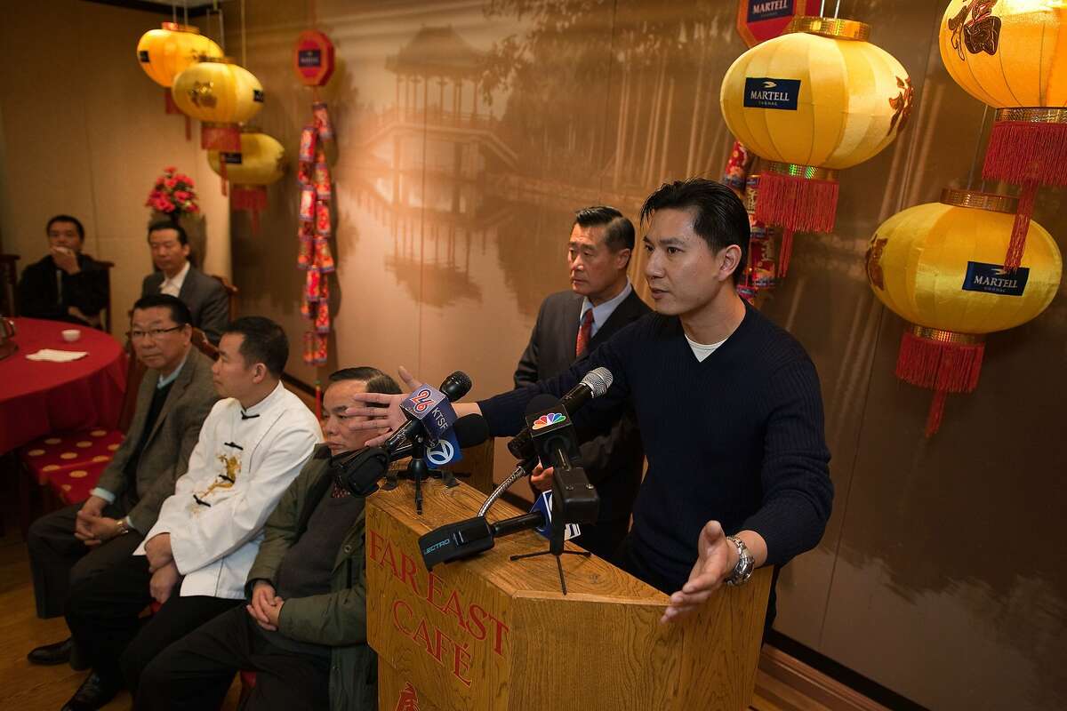 Michael Kwong a wholesale food owner speaks with California State Senator Leland Yee, PH.D (District 8, San Francisco) during a press conference at the Far East Cafe regarding a bill that has been introduced by legislators to ban the possession, sale and distribution of shark fins used in a traditional Chinese soup on February 14, 2011 in San Francisco Calif. Photograph by David Paul Morris/Special to the Chronicle
