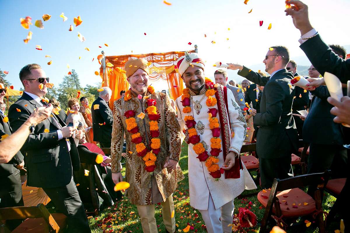 San Franciscans Matt Hicks, former Facebook exec, and Harshal Sanghavi, a web designer, married Oct. 19, 2013, at Atwood Ranch in Glen Ellen, CA. The ceremony reflected their love of wine country weekends and city chic, as well as Sanghavi's Indian heritage.