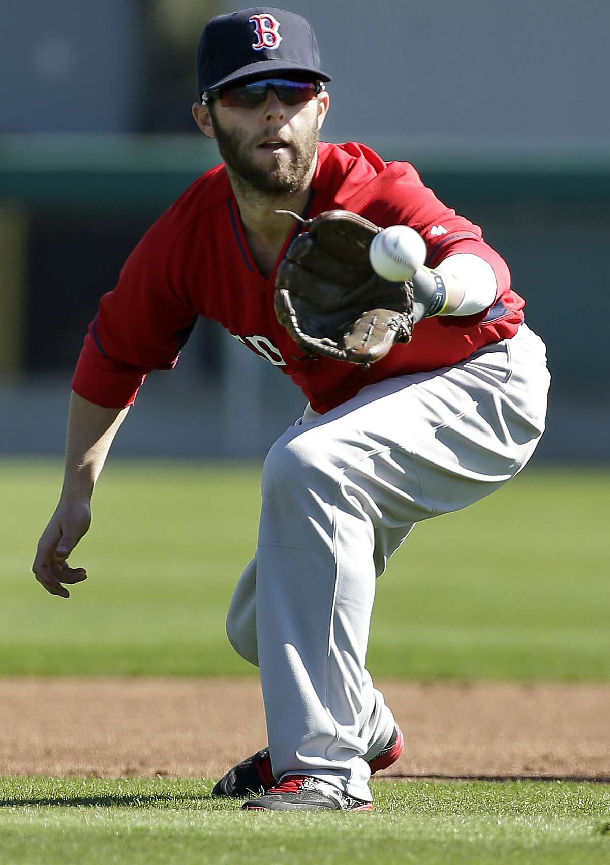 Boston Red Sox second baseman Dustin Pedroia fields a ball during spring training baseball practice, Monday, Feb. 17, 2014, in Fort Myers, Fla. (AP Photo/Steven Senne)