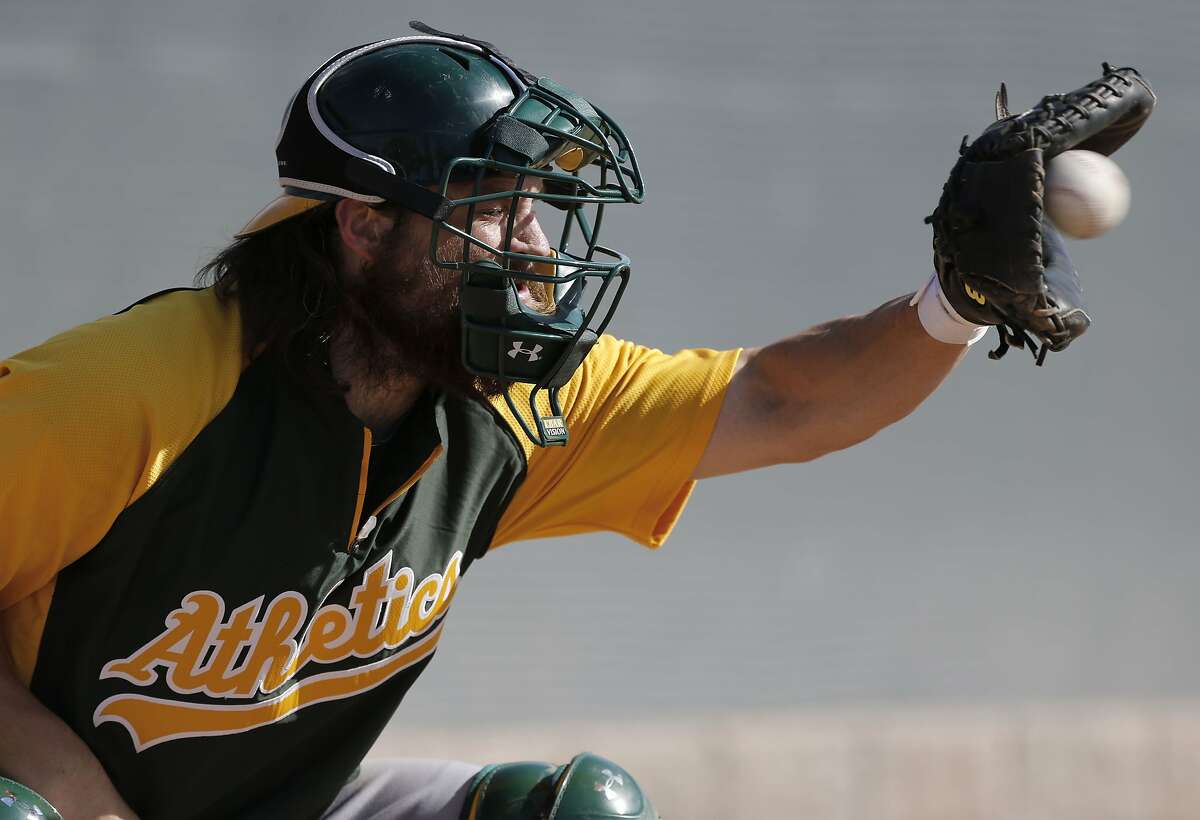 A's catcher Derek Norris, (36) during practice drills at the Papago Baseball Facility in Phoenix, Arizona on Tuesday Feb. 18, 2014. Major League Baseball's Oakland Athletics continue their spring training in the Arizona Desert in preparation for the upcoming season.