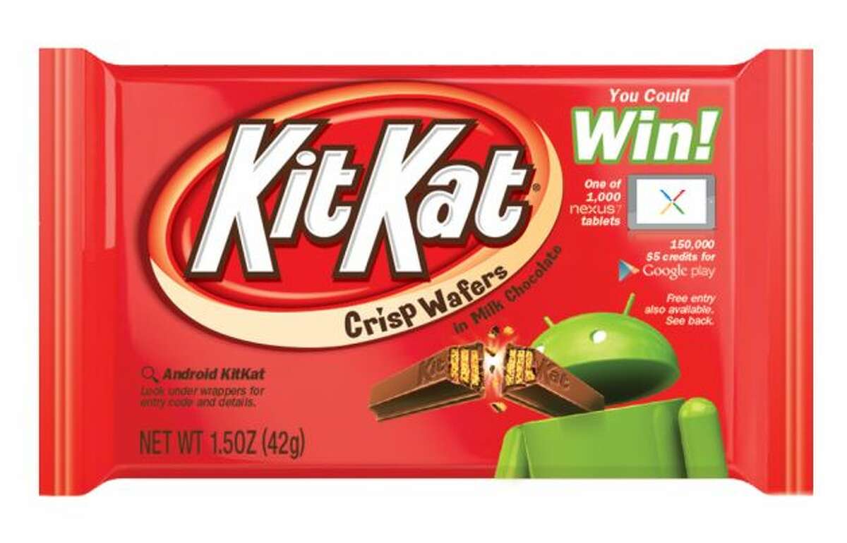 The Kit Kat label for The Hershey Company featuring Android's green robot mascot breaking a Kit Kat. Google named its new Android operating system after the chocolate bar. (AP Photo/The Hershey Company). Photo: Uncredited, Associated Press