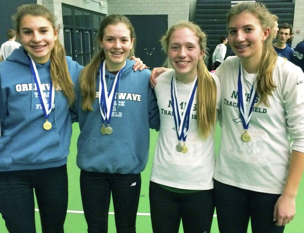 The Green Wave quartet of, from left to riight, Saige Grazia, Hannah Tower, Helen Bayers and Sierra Grazia captured a state open gold medal in the 4 x 800-meters relay Saturday at Hillhouse High School in New Haven. Feb. 15, 2014 Courtesy of John Tower
