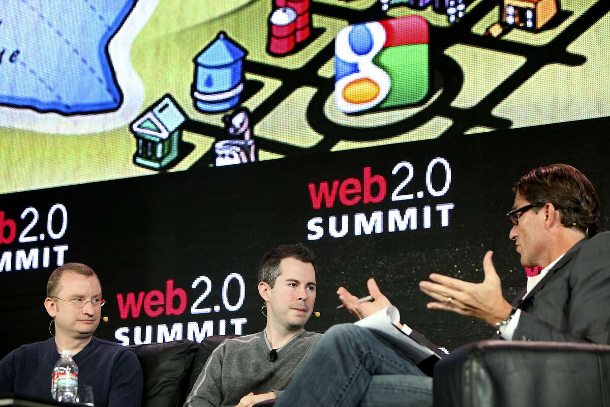 Grahman Spencer, left and Bill Maris of Google Ventures is interviewed by John Battelle, Tuesday October 18, 2011, in front of a crowd at the Web2.0 Summit in San Francisco, Calif.