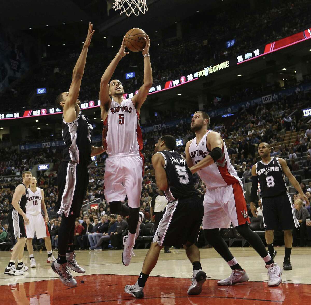 Former first-round draft pick Austin Daye (5), pictured playing against the Spurs while with the Toronto Raptors in December, has scored only eight points in eight games this season.