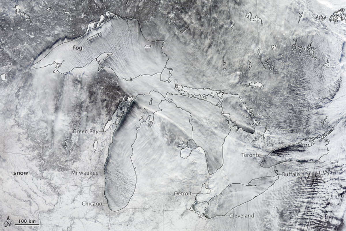 While the northeastern U.S. freezes under the polar vortex, NASA's Earth Observatory caught this spectacular image of the Great Lakes from space. NASA says cold air passed over the warm waters of Lake Michigan, creating steam fog. (Photo from NASA Earth Observatory)