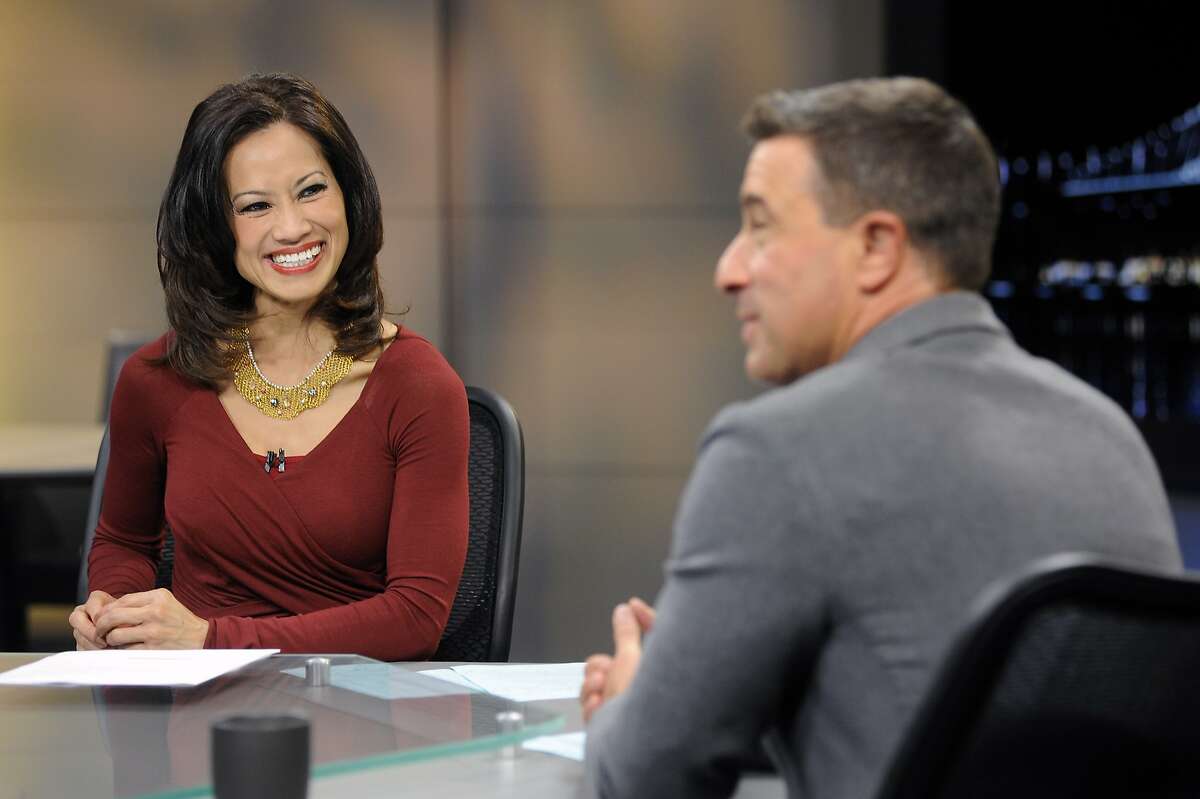 Host Thuy Vu jokes with senior correspondent Scott Shafer during a rehearsal for the KQED Newsroom's Friday night broadcast at the KQED studios in San Francisco, CA Friday, February 14, 2014.